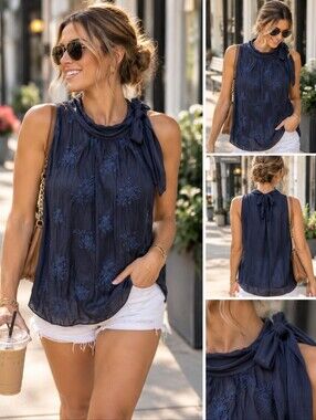 Angela Moda Navy Blue Embroidered Halter Camisole